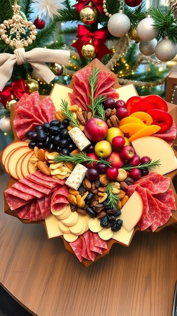 A festive snowflake-shaped charcuterie board with meats, cheeses, fruits, and nuts, perfect for Christmas celebrations.